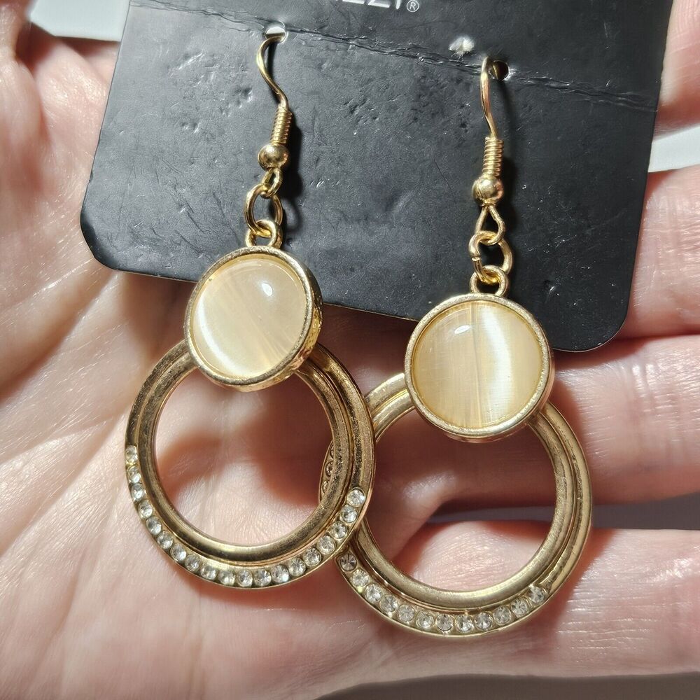 Paparazzi Gold Tone Cream Cats Eye Earrings With Clear Rhinestone Accents